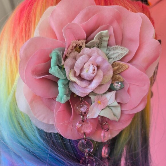 "Pink Shimmer Rose" Handmade Hair Clip - Velvet Rose and Vintage Upcycle Flapper - Picture 5 of 15